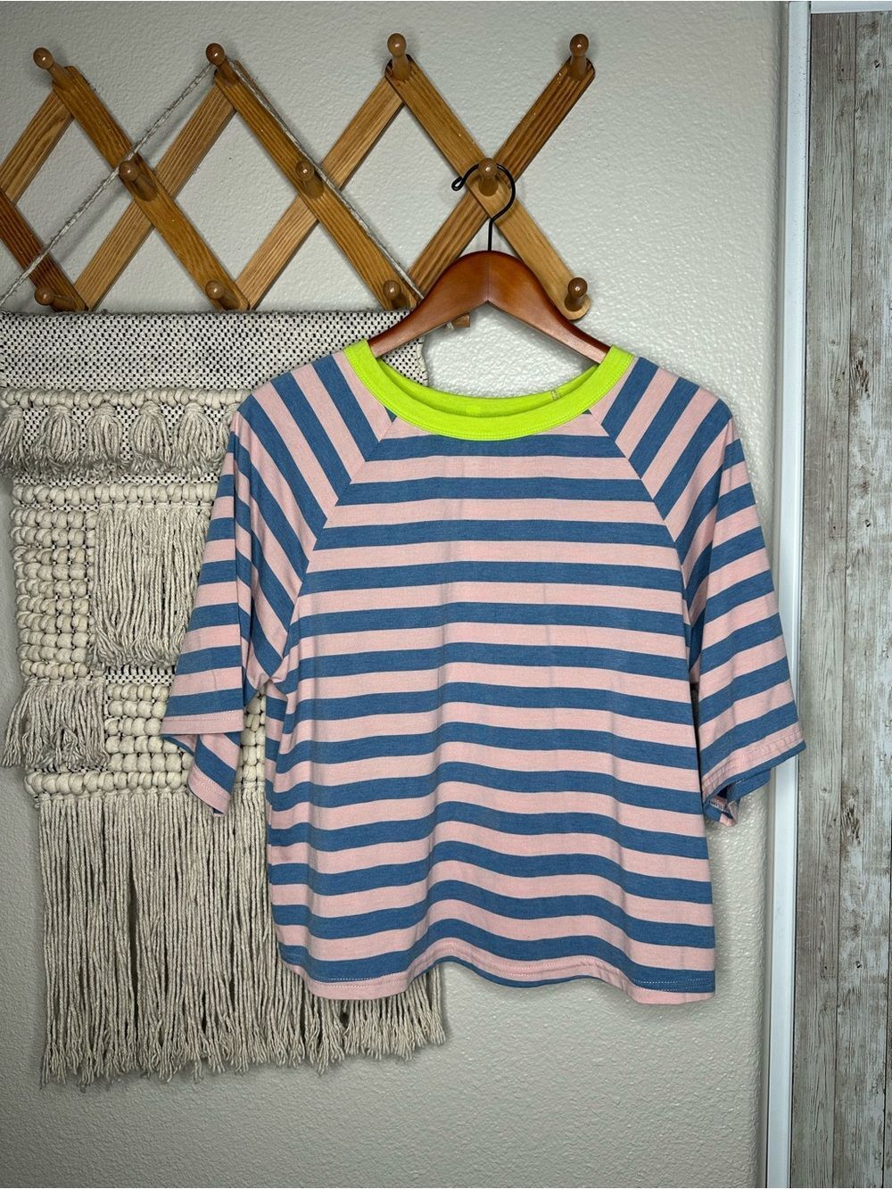 StripedโPink & Blue Tee with Neon Green Trim